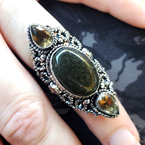 New Silver Sheen Obsidian & Smoky Topaz 925 Silver Statement Ring. - Picture 3 of 13